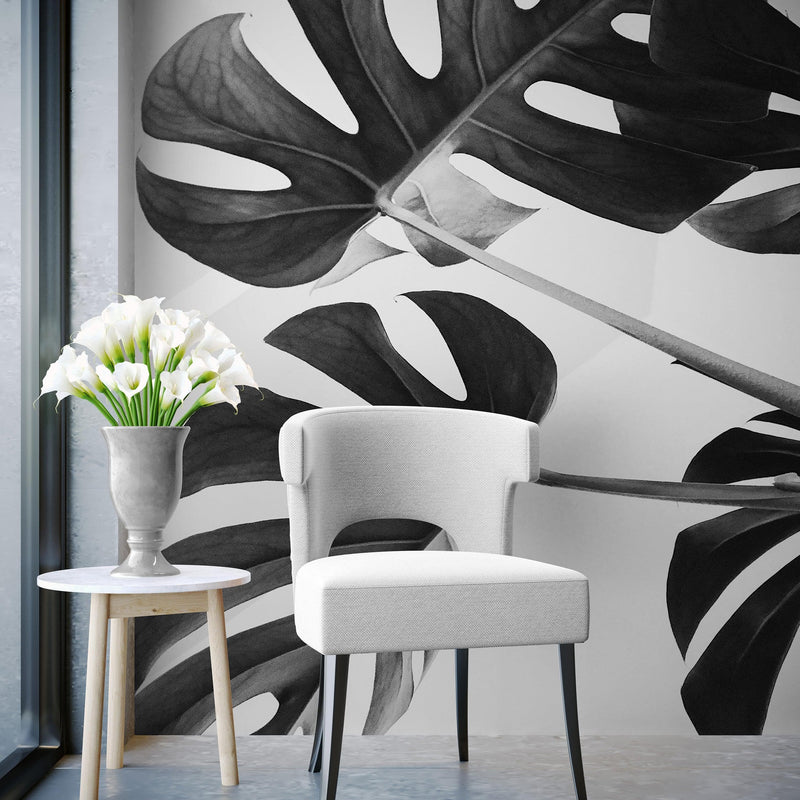 Elegant Black and White Leaves Wallpaper Mural - Serene Botanical Beauty