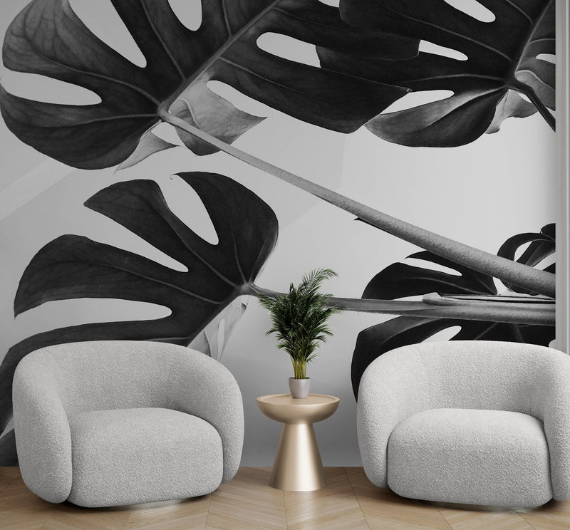 Elegant Black and White Leaves Wallpaper Mural - Serene Botanical Beauty