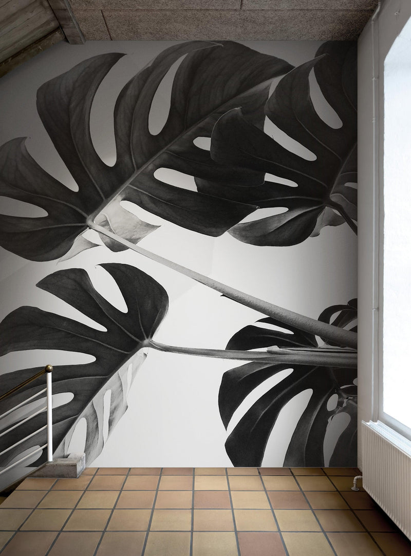 Elegant Black and White Leaves Wallpaper Mural - Serene Botanical Beauty