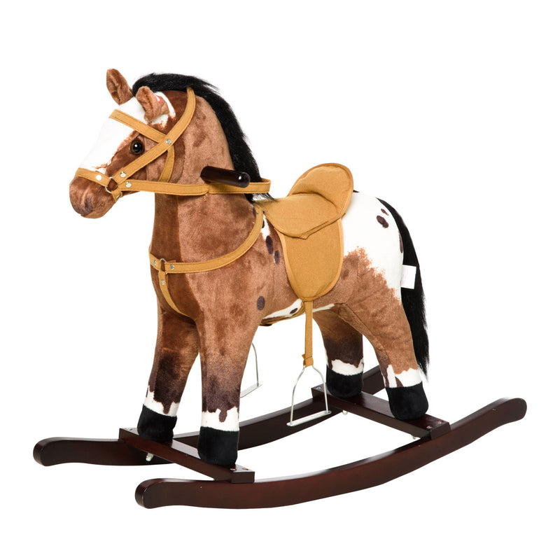 Qaba - Kids Metal Plush Ride-On Rocking Horse Chair Toy With Realistic Sounds - Dark Brown / White, photo 2 of 4
