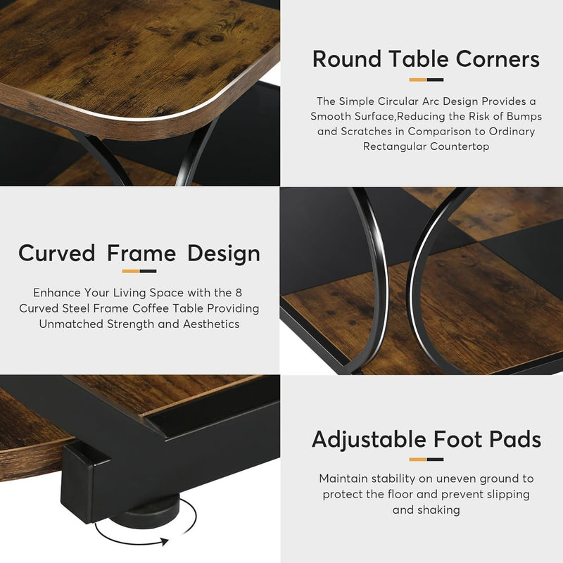 Square Coffee Table With Storage Shelf, 2 Tier For Living Room - Brown / Black, photo 6 of 12