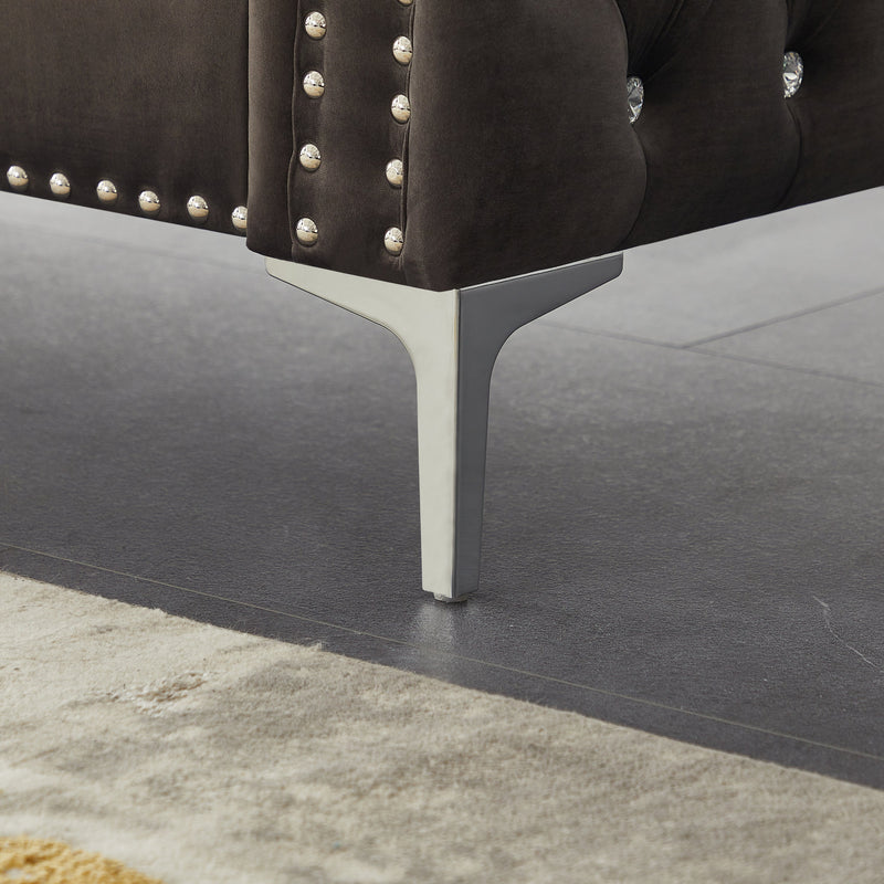 59.4 Inch Wide Grey Velvet Sofa with Jeweled buttons, Square Arm, 2 Pillow