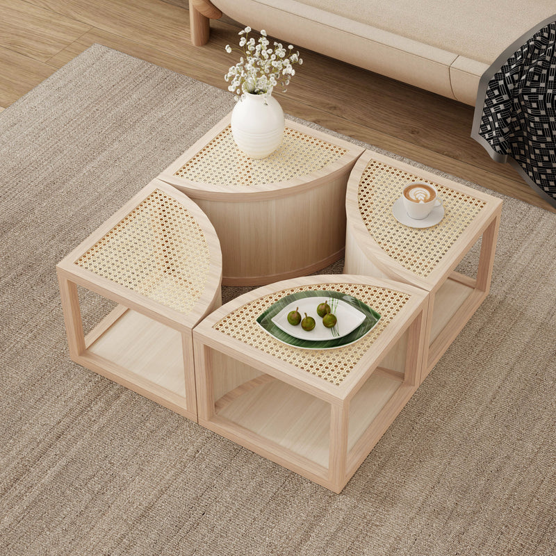 Walker Edison - Round to Square Block Modular Coffee Table Light Natural Rattan with Storage 4 Piece