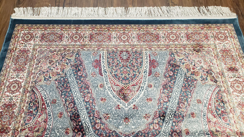 4x6 Silk Carpet, Light Blue & Beige Oriental Rug 4 x 6ft, Traditional Design Medallion All Over, Bamboo Silk, Super Fine, High Quality, Soft