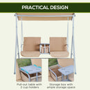 2 Person Porch Swing with Stand, Outdoor Swing with Canopy, Pivot Storage Table, 2 Cup Holders, Cushions for Patio, Backyard, Beige