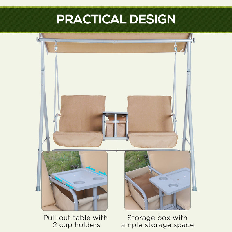 2 Person Porch Swing with Stand, Outdoor Swing with Canopy, Pivot Storage Table, 2 Cup Holders, Cushions for Patio, Backyard, Beige