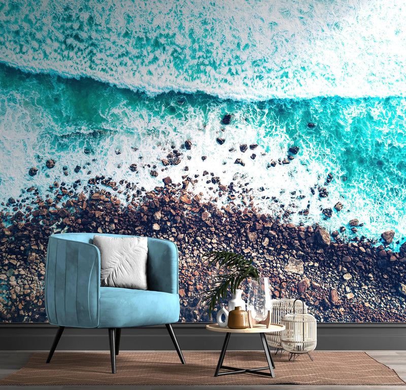 Ocean Waves over Cliff Wallpaper. Rocky Beach Wall Mural. Bright Aqua Color Beach Waves.