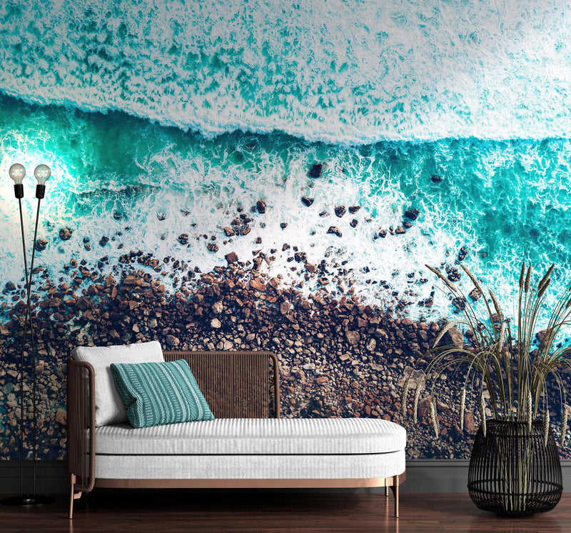 Ocean Waves over Cliff Wallpaper. Rocky Beach Wall Mural. Bright Aqua Color Beach Waves.