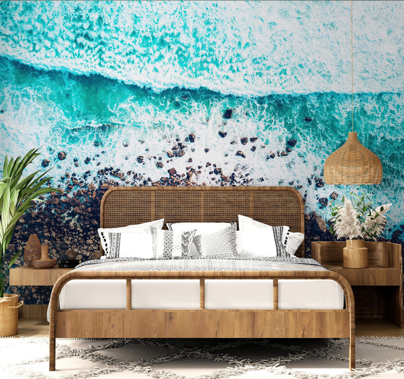 Ocean Waves over Cliff Wallpaper. Rocky Beach Wall Mural. Bright Aqua Color Beach Waves.