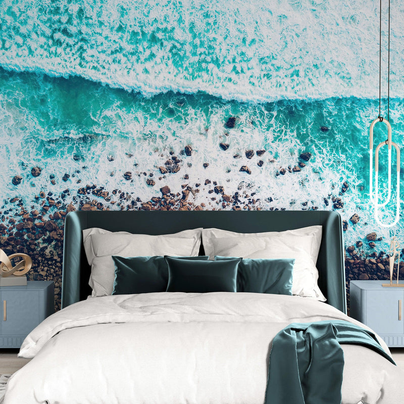 Ocean Waves over Cliff Wallpaper. Rocky Beach Wall Mural. Bright Aqua Color Beach Waves.