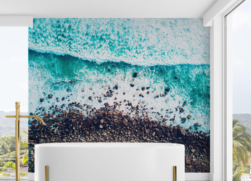 Ocean Waves over Cliff Wallpaper. Rocky Beach Wall Mural. Bright Aqua Color Beach Waves.