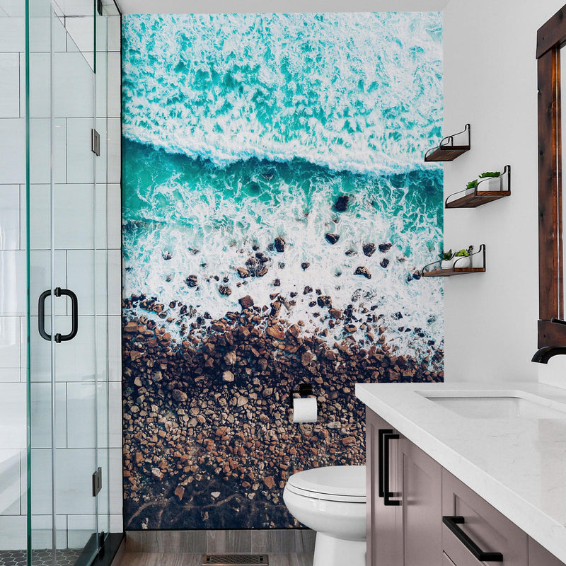 Ocean Waves over Cliff Wallpaper. Rocky Beach Wall Mural. Bright Aqua Color Beach Waves.