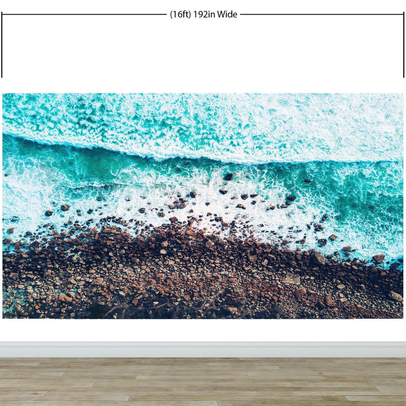 Ocean Waves over Cliff Wallpaper. Rocky Beach Wall Mural. Bright Aqua Color Beach Waves.