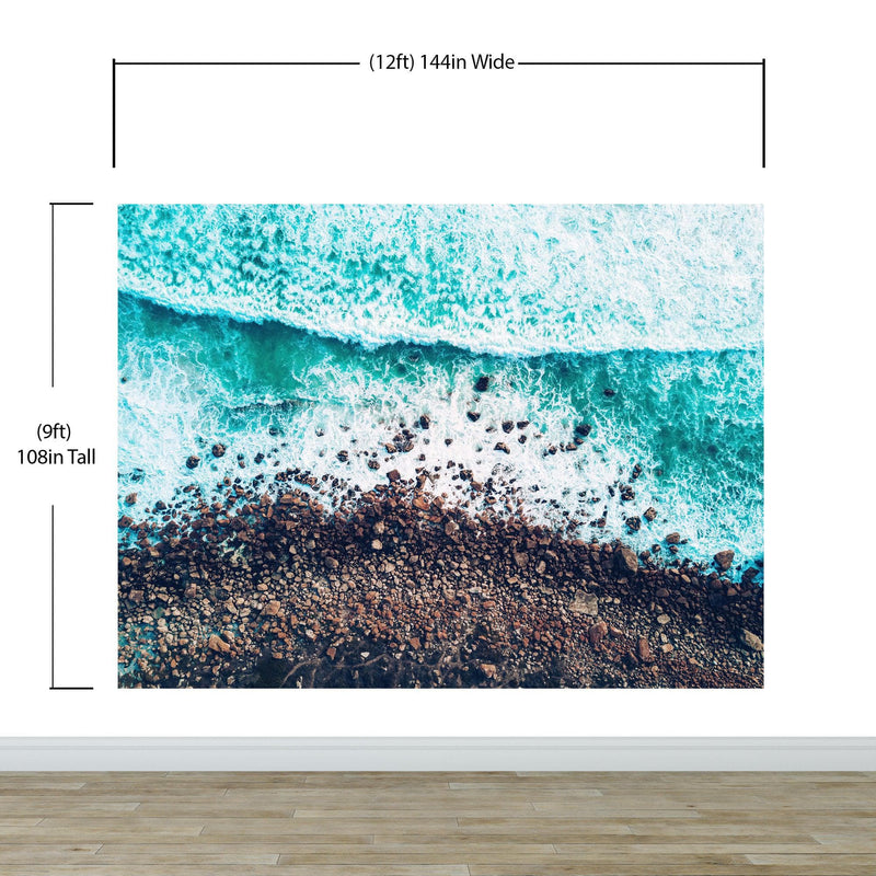 Ocean Waves over Cliff Wallpaper. Rocky Beach Wall Mural. Bright Aqua Color Beach Waves.