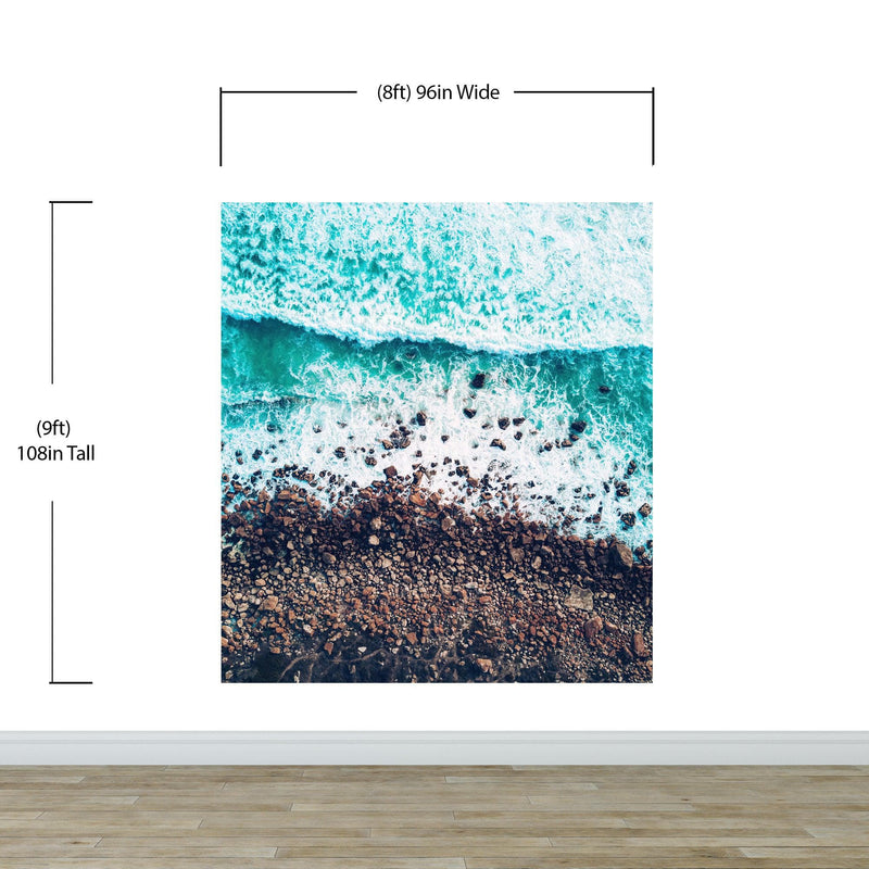 Ocean Waves over Cliff Wallpaper. Rocky Beach Wall Mural. Bright Aqua Color Beach Waves.