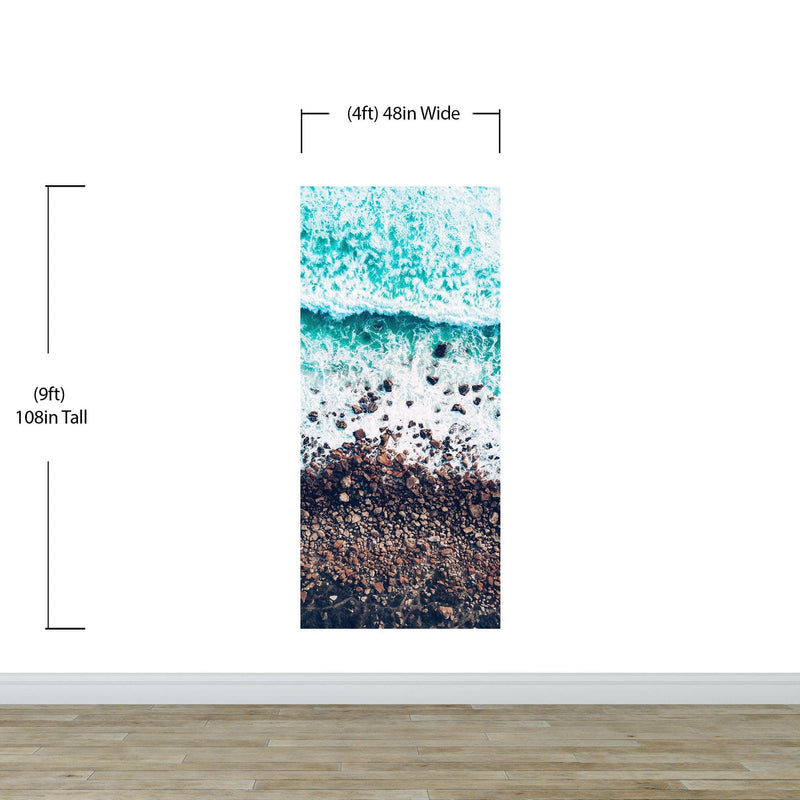 Ocean Waves over Cliff Wallpaper. Rocky Beach Wall Mural. Bright Aqua Color Beach Waves.