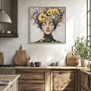 Beauty Lady Wall Art Gold and White Floral Canvas Artwork 24x24 Inch by HouseOfZazla