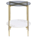 Jonelle Round Glass Top End Table White Marble Shelf Gold