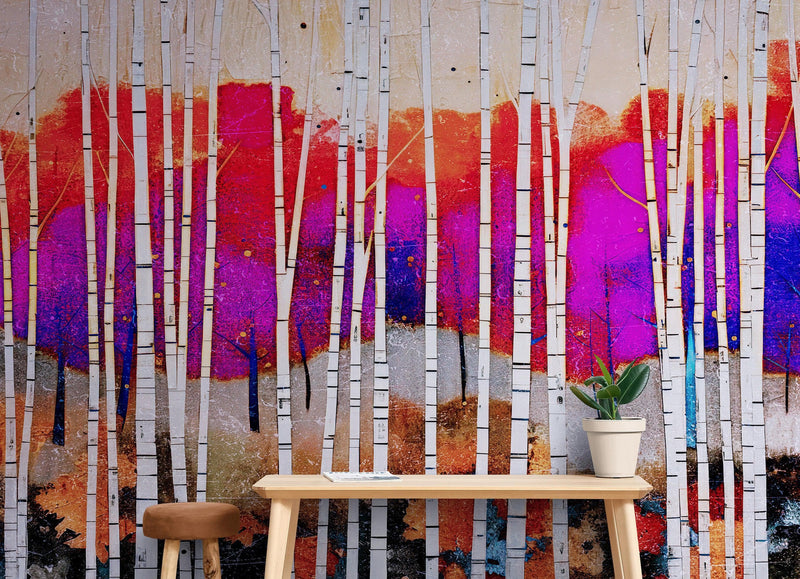 Colorful Vibrant Birch Tree Forest Wallpaper.