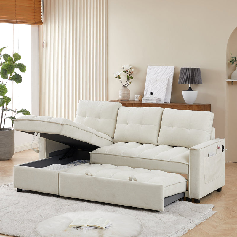 78.75" Reclining Sofa, Pull-Out Sofa Bed with USB and tape-c charging ports, L-Shaped Sectional Sofa with Reclining Storage and Arm Side Organizer Pocket Features, Living Room Comfort Sofa