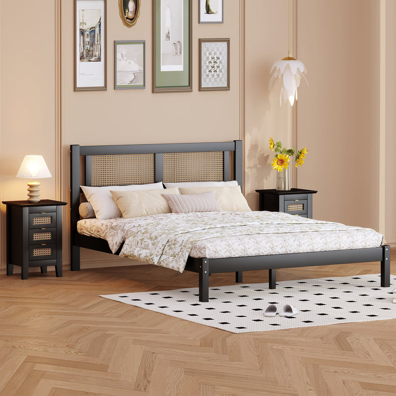 3-Pieces Bedroom Sets Full Size Wooden Platform Bed with Natural Rattan Headboard, Nightstands Set of 2 with Rattan-Woven Surfaces and Three Drawers for Bedroom, Black
