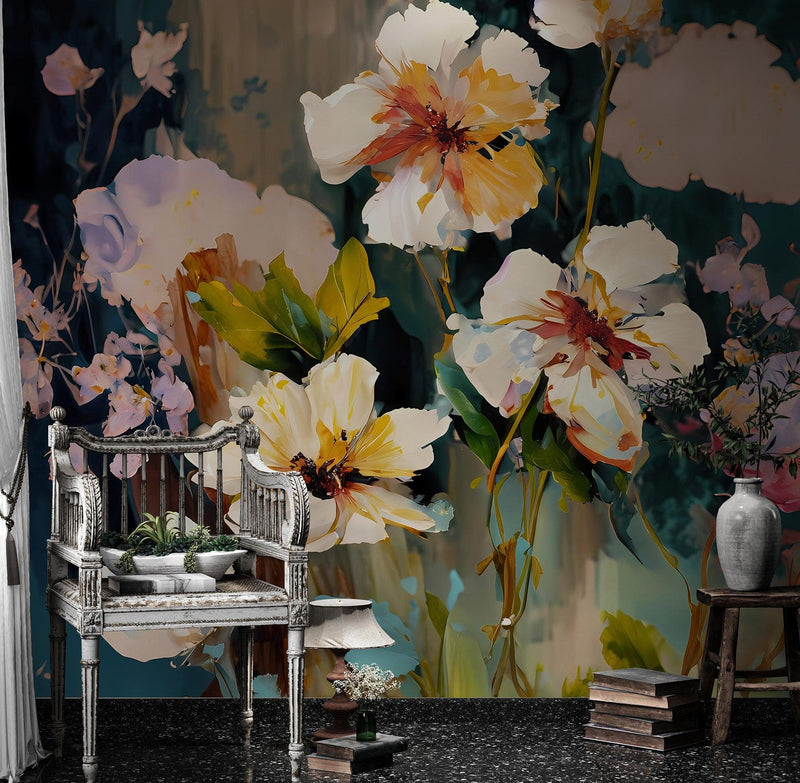 Flower Blossoms Wallpaper. Floral Oil Painting Peel and Stick Wall Mural.