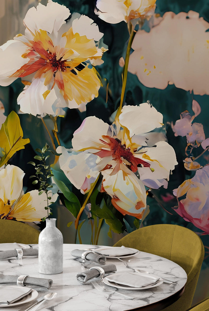 Flower Blossoms Wallpaper. Floral Oil Painting Peel and Stick Wall Mural.