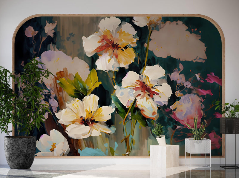 Flower Blossoms Wallpaper. Floral Oil Painting Peel and Stick Wall Mural.