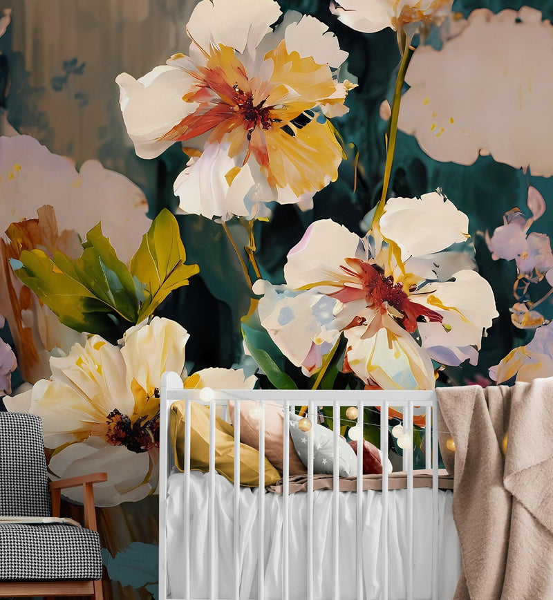 Flower Blossoms Wallpaper. Floral Oil Painting Peel and Stick Wall Mural.