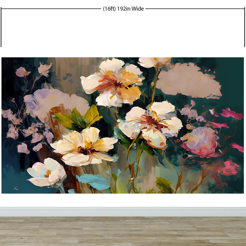 Flower Blossoms Wallpaper. Floral Oil Painting Peel and Stick Wall Mural.