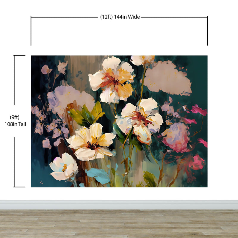 Flower Blossoms Wallpaper. Floral Oil Painting Peel and Stick Wall Mural.