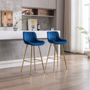 30 inch Set of 2 Bar Stools, with Chrome Footrest Velvet Fabric Counter Stool Golden Leg Simple High Bar Stool, BLUE