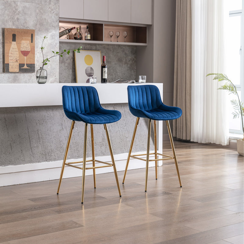 30 inch Set of 2 Bar Stools, with Chrome Footrest Velvet Fabric Counter Stool Golden Leg Simple High Bar Stool, BLUE