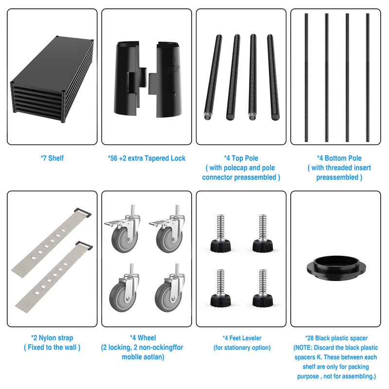 7 Tier Standing Shelf Units, 2800 LBS NSF Height Adjustable Metal Garage Storage Shelves with Wheels, Heavy Duty Storage Rack Metal Shelves - Black - 7T-2800LBS-BLACK