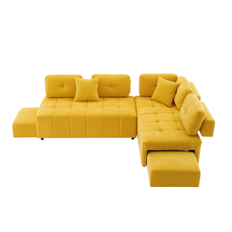 91.73" L-shaped Sofa Sectional Sofa Couch with 2 Stools and 2 Lumbar Pillows for Living Room, Yellow