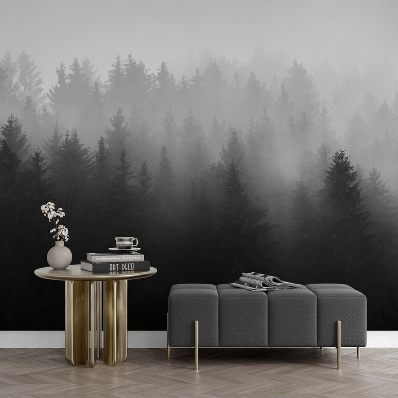 Black and White Misty Pine Forest Wallpaper.