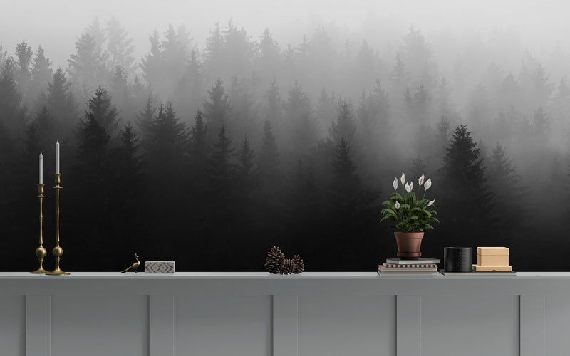 Black and White Misty Pine Forest Wallpaper.