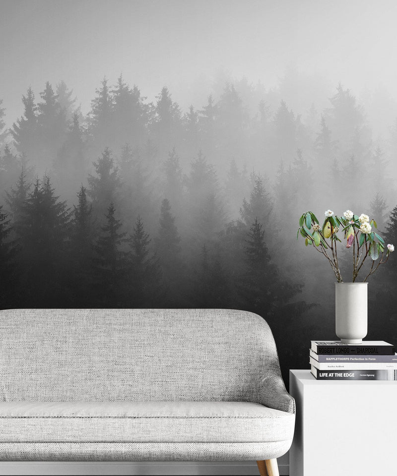 Black and White Misty Pine Forest Wallpaper.