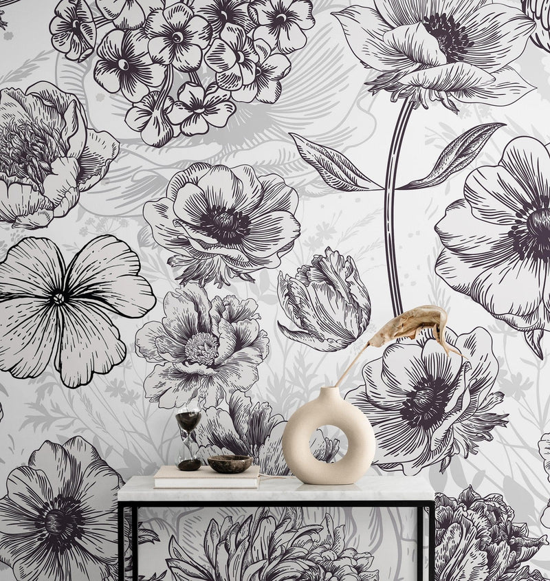 Black and White Flower Wallpaper Mural.