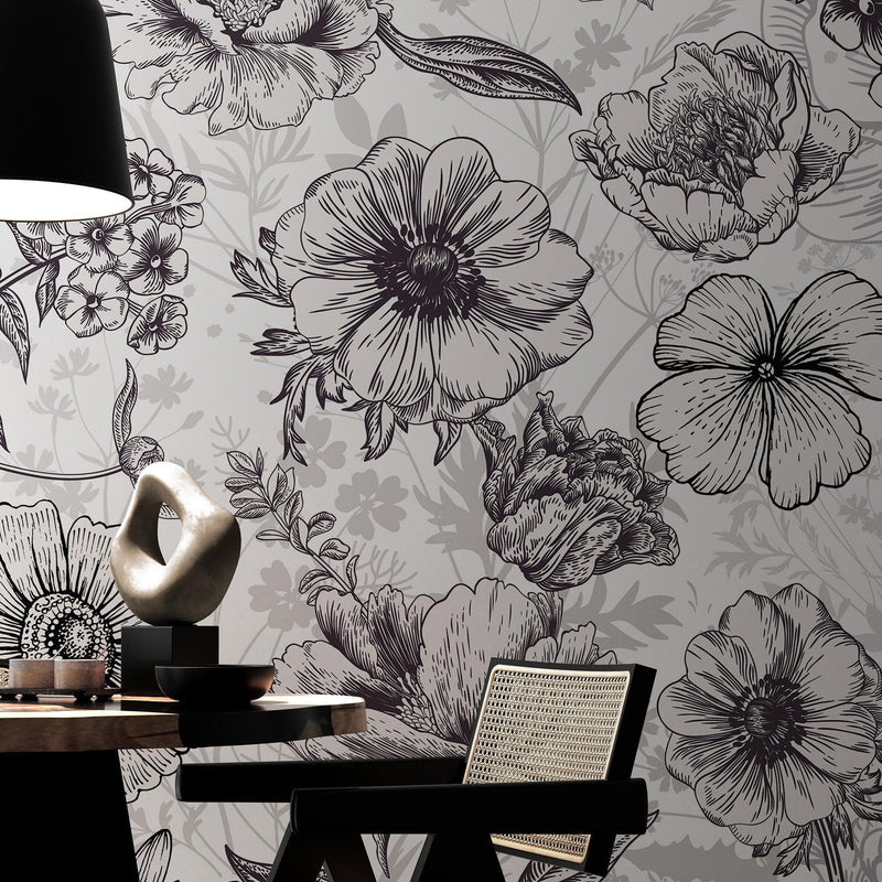 Black and White Flower Wallpaper Mural.