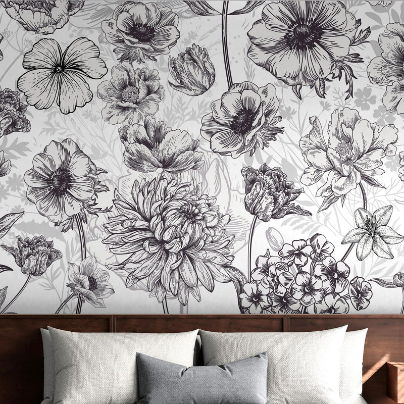 Black and White Flower Wallpaper Mural.