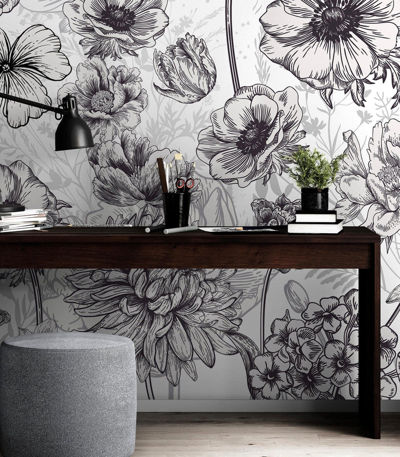 Black and White Flower Wallpaper Mural.