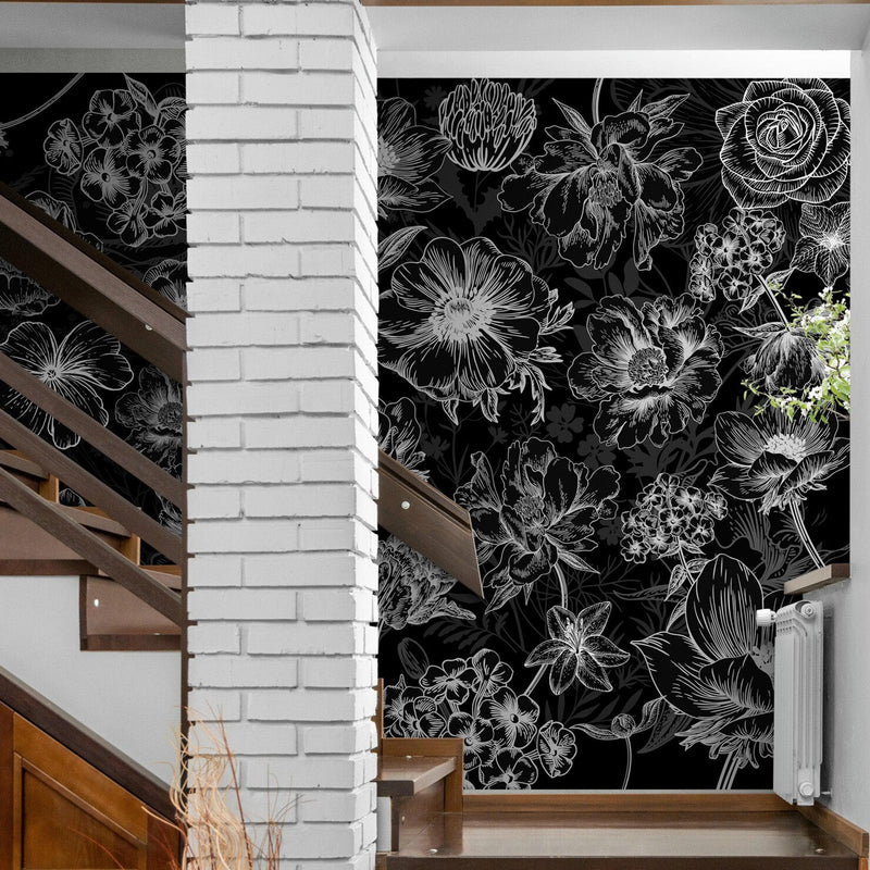 Black Floral Background, Black and White Flower Wallpaper Mural.