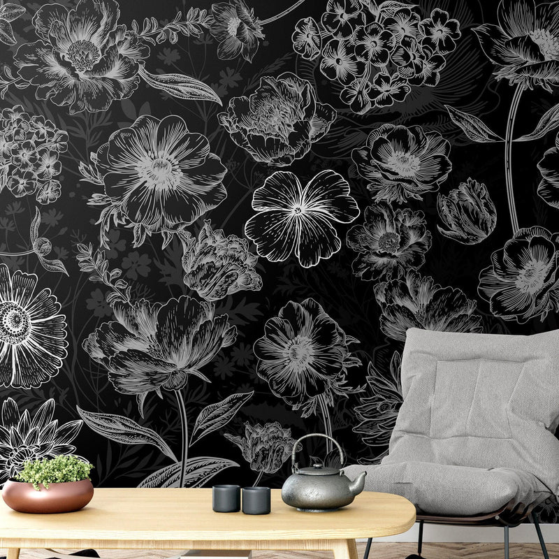 Black Floral Background, Black and White Flower Wallpaper Mural.