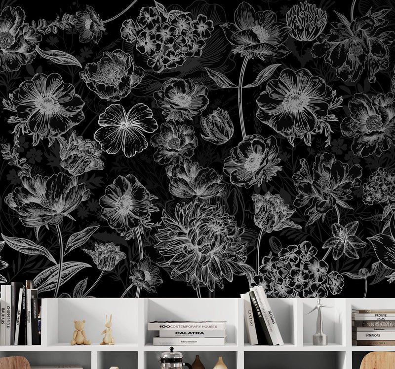 Black Floral Background, Black and White Flower Wallpaper Mural.