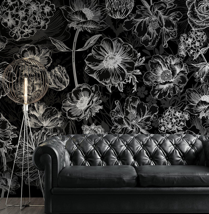 Black Floral Background, Black and White Flower Wallpaper Mural.