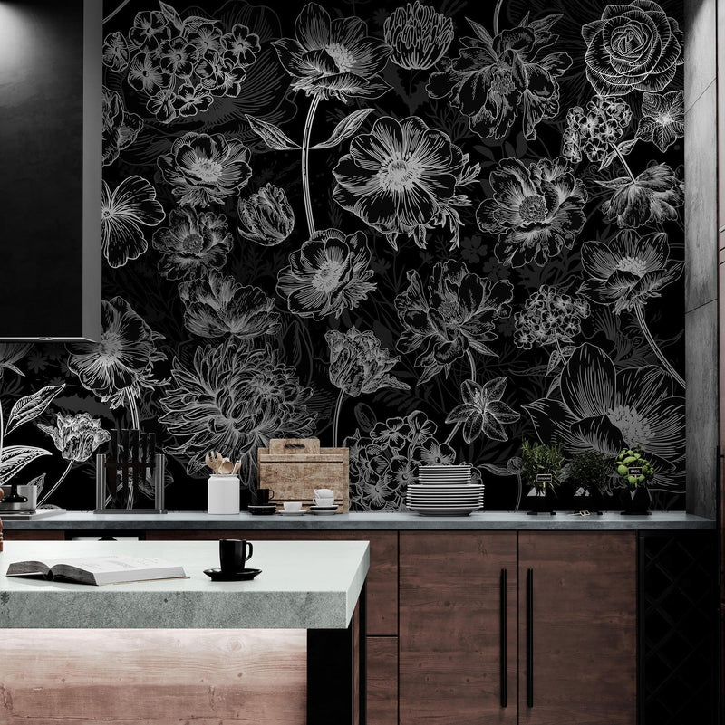 Black Floral Background, Black and White Flower Wallpaper Mural.