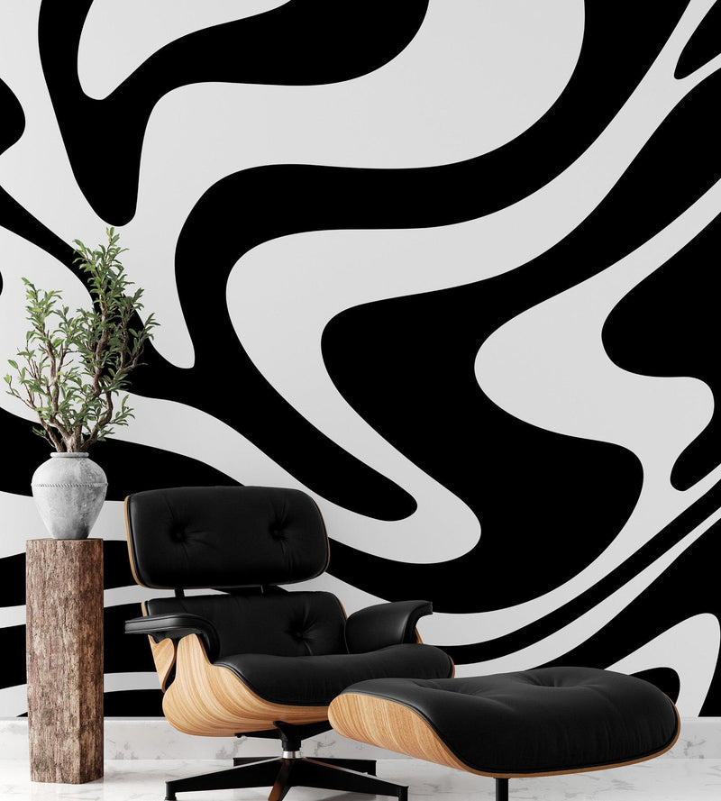 Black Swirly Line Wallpaper. Contemporary Art Decor. Modern Aesthetic.