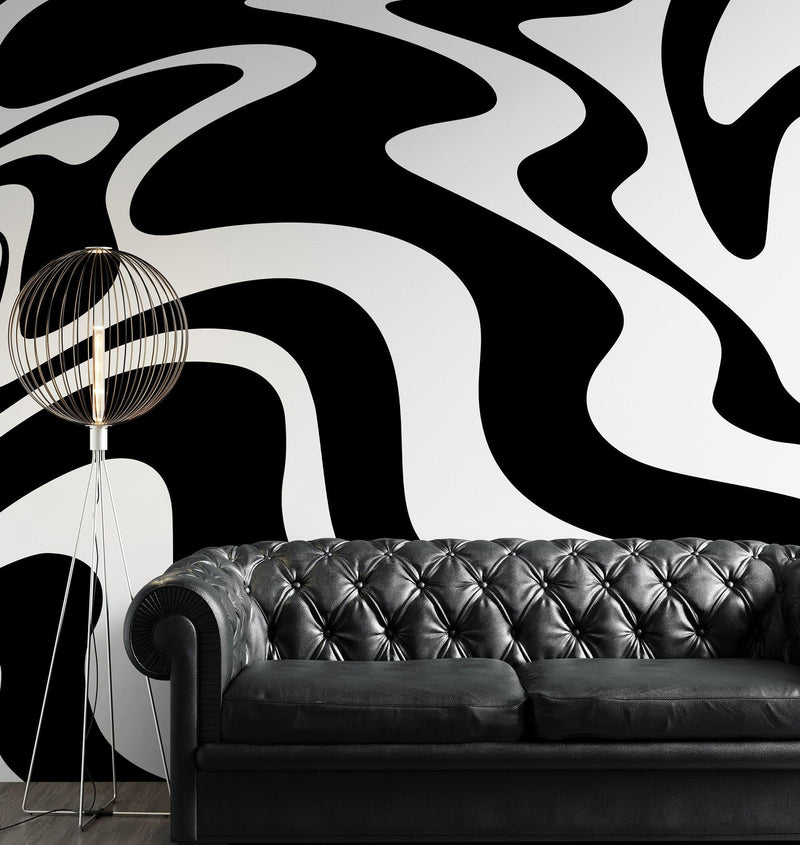 Black Swirly Line Wallpaper. Contemporary Art Decor. Modern Aesthetic.