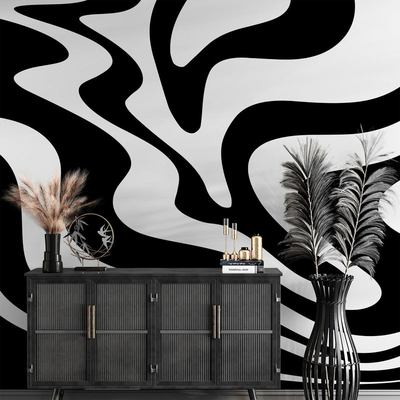 Black Swirly Line Wallpaper. Contemporary Art Decor. Modern Aesthetic.